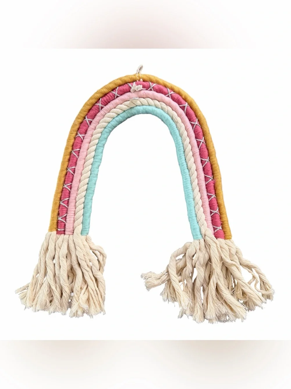 Rainbow Nursery Macrame Wall Hanging with Tassels, Boho Multicolor Decor